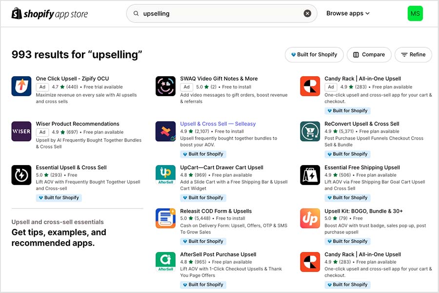 Some examples of 'upselling' apps that are currently available for Shopify