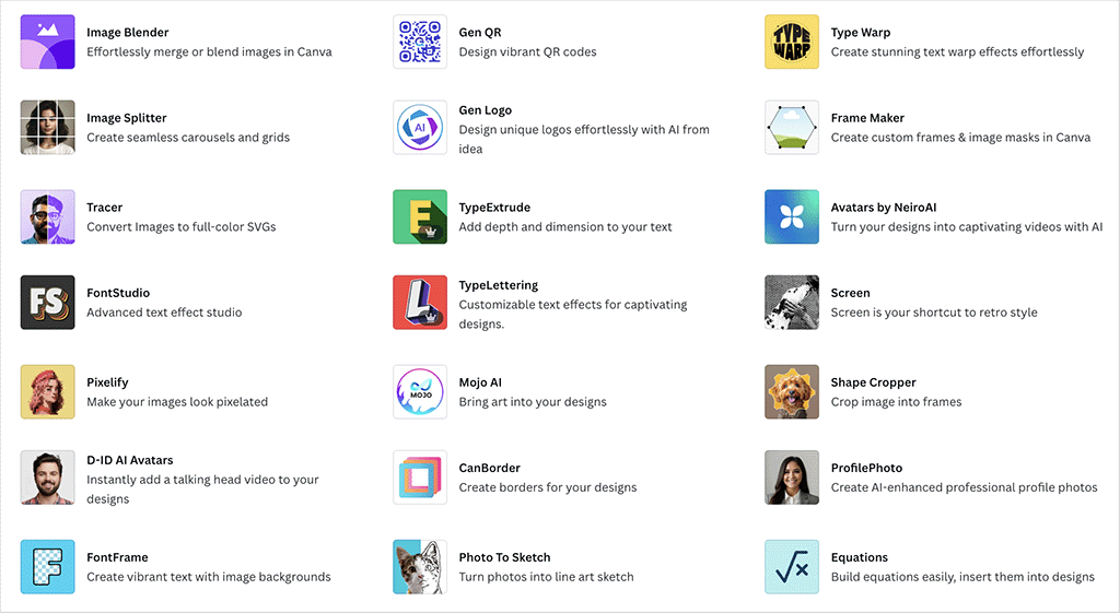 Some of the 600+ apps available in the Canva app directory