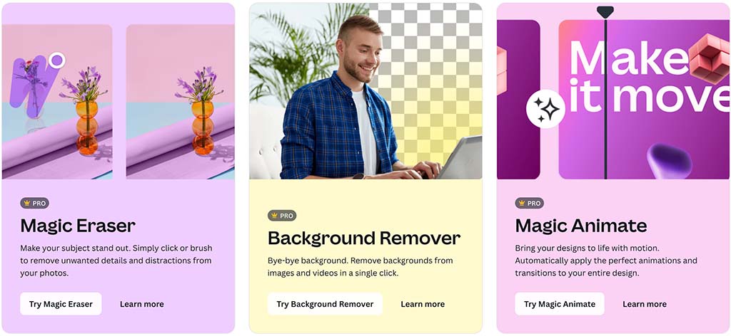 Some of the tools available in Canva's AI-powered 'Magic Studio' feature.