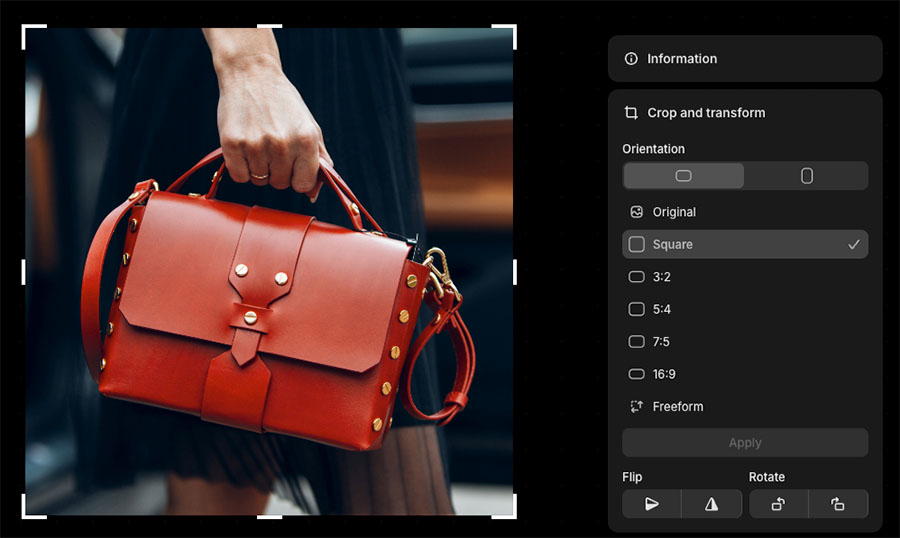 Cropping images using Shopify's built-in image editor.