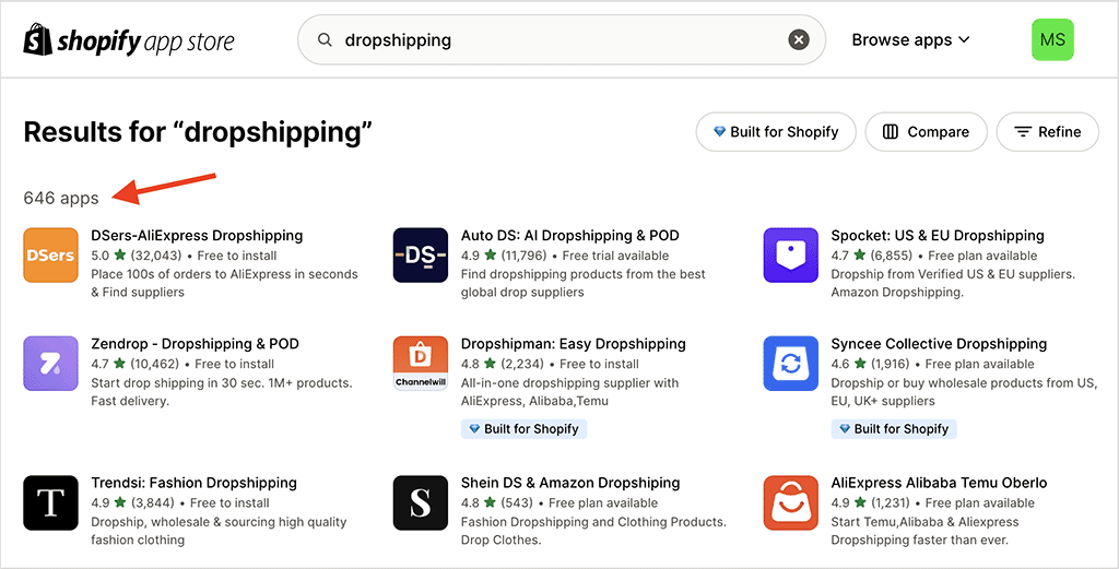 Dropshipping apps in the Shopify app store