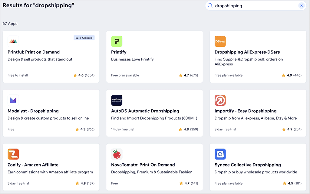 Some of the dropshipping apps that you can use with Wix