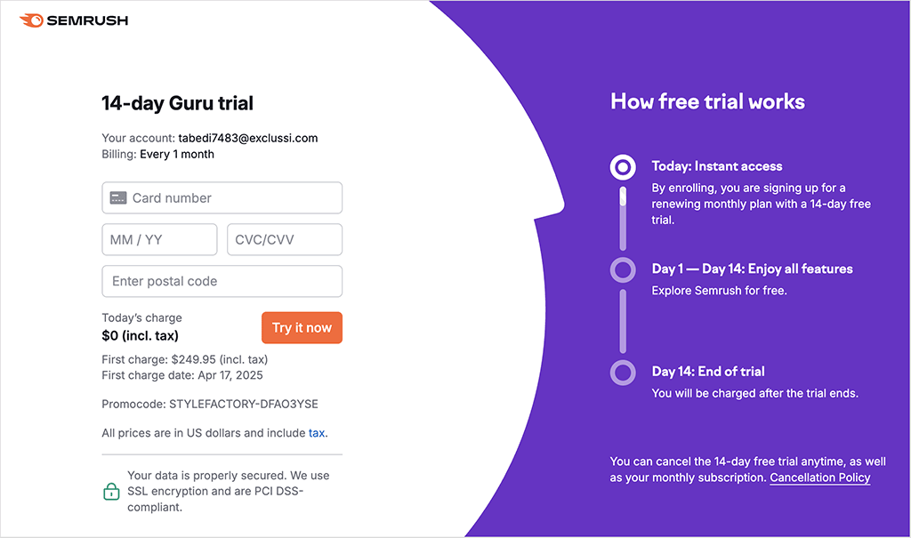 Entering card details into Semrush in order to start a Guru trial