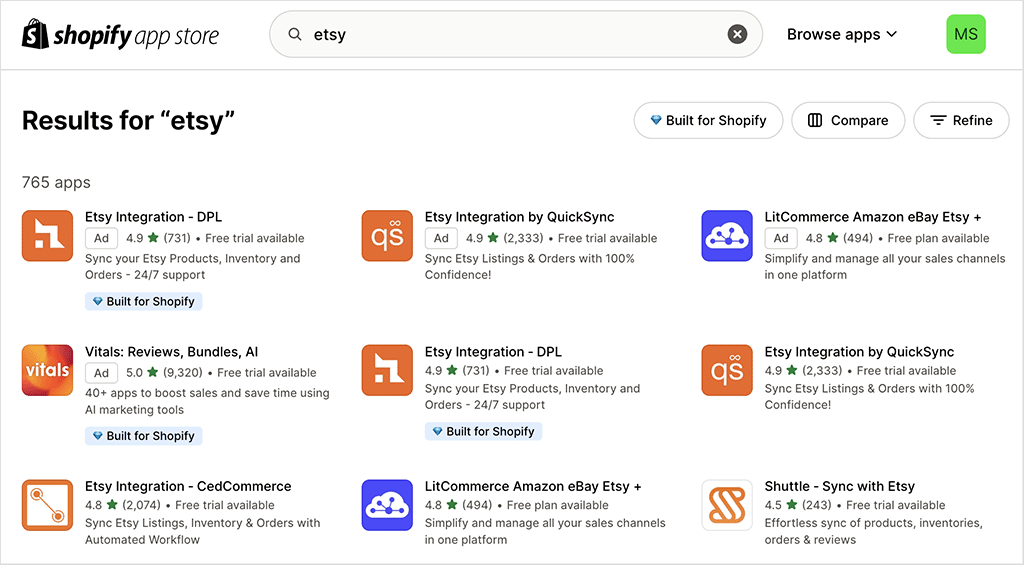 Etsy apps in the Shopify app store