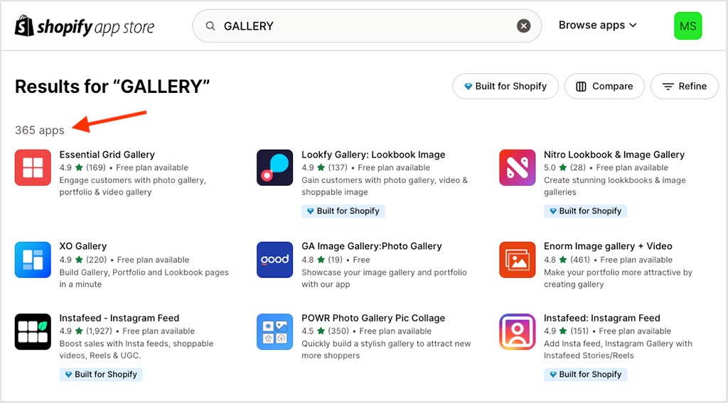 Gallery apps in the Shopify app store