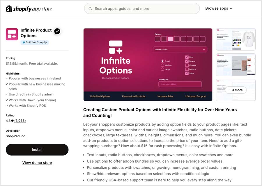 The 'Infinite Product Options' app