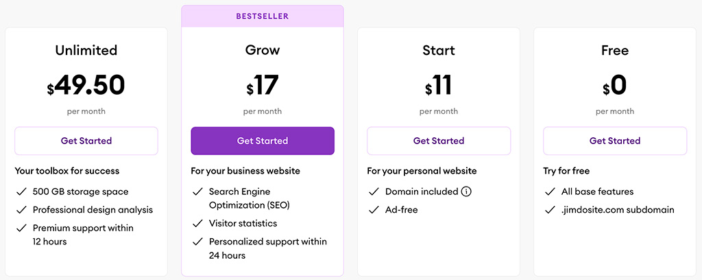 Jimdo pricing in the USA for its 'Website' plans