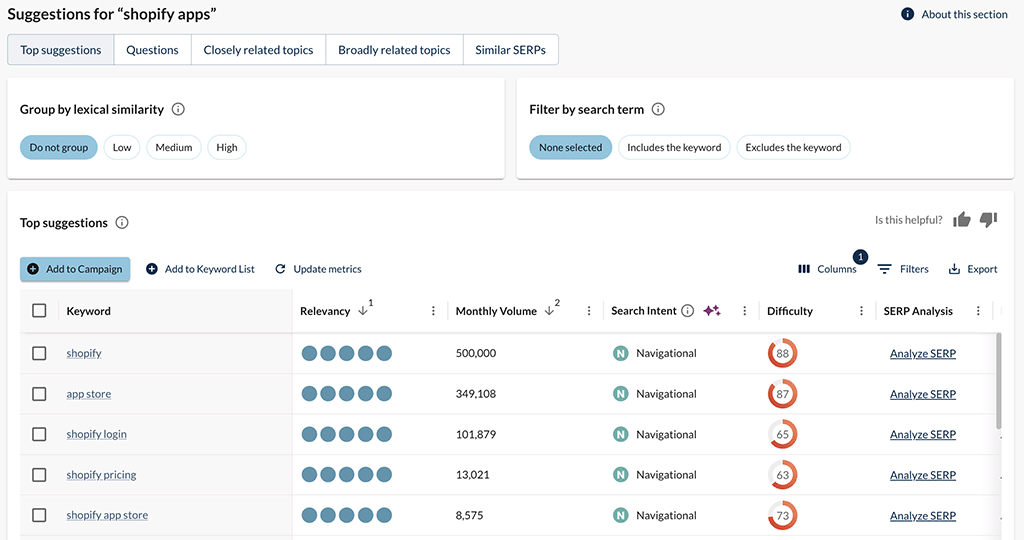 Getting keyword suggestions in Moz