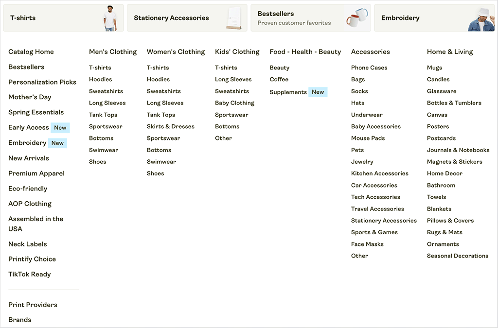 Product categories in Printify