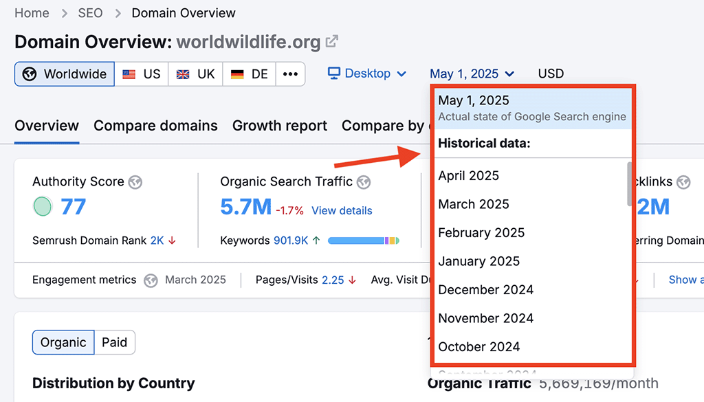 Accessing historical data in Semrush