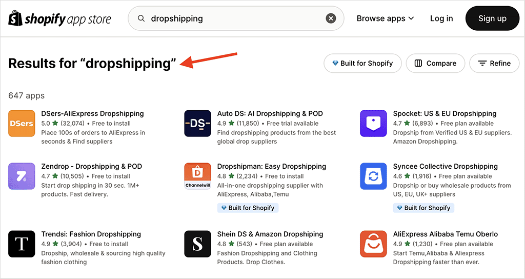 Dropshipping apps in the Shopify app store