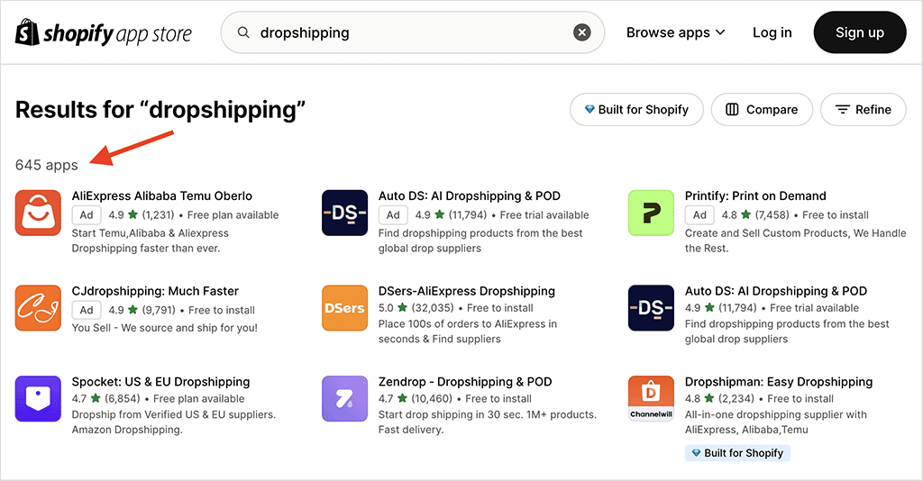 Dropshipping apps in the Shopify app store