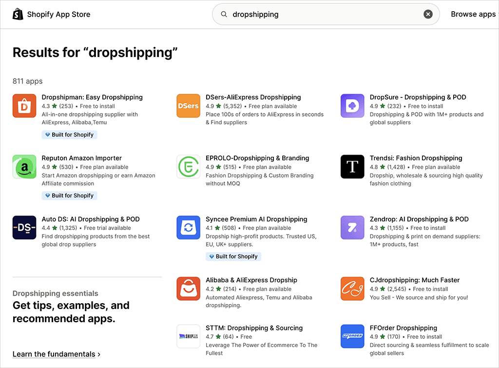 Dropshipping apps for Shopify — there are over 800 available at the time of writing