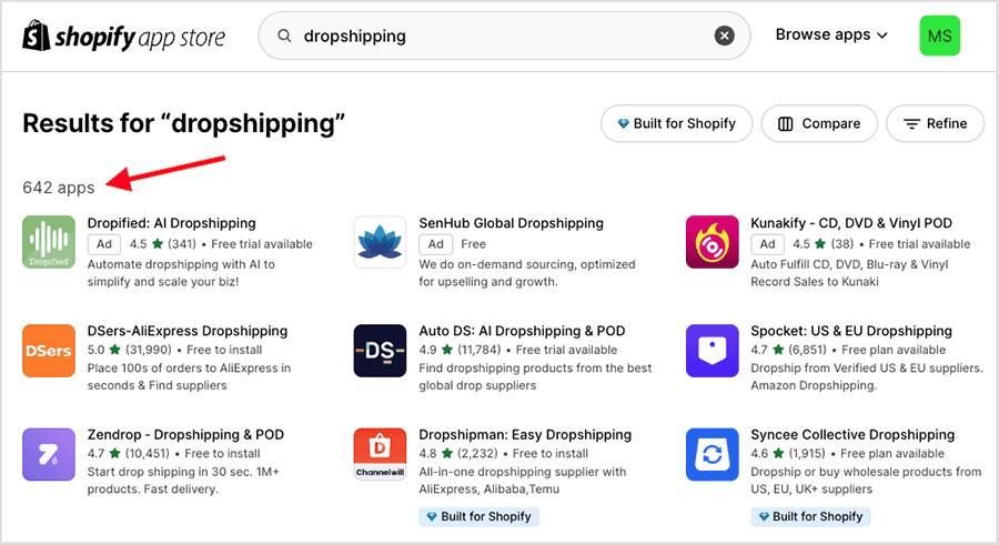 Some of the 642 dropshipping apps currently available for Shopify