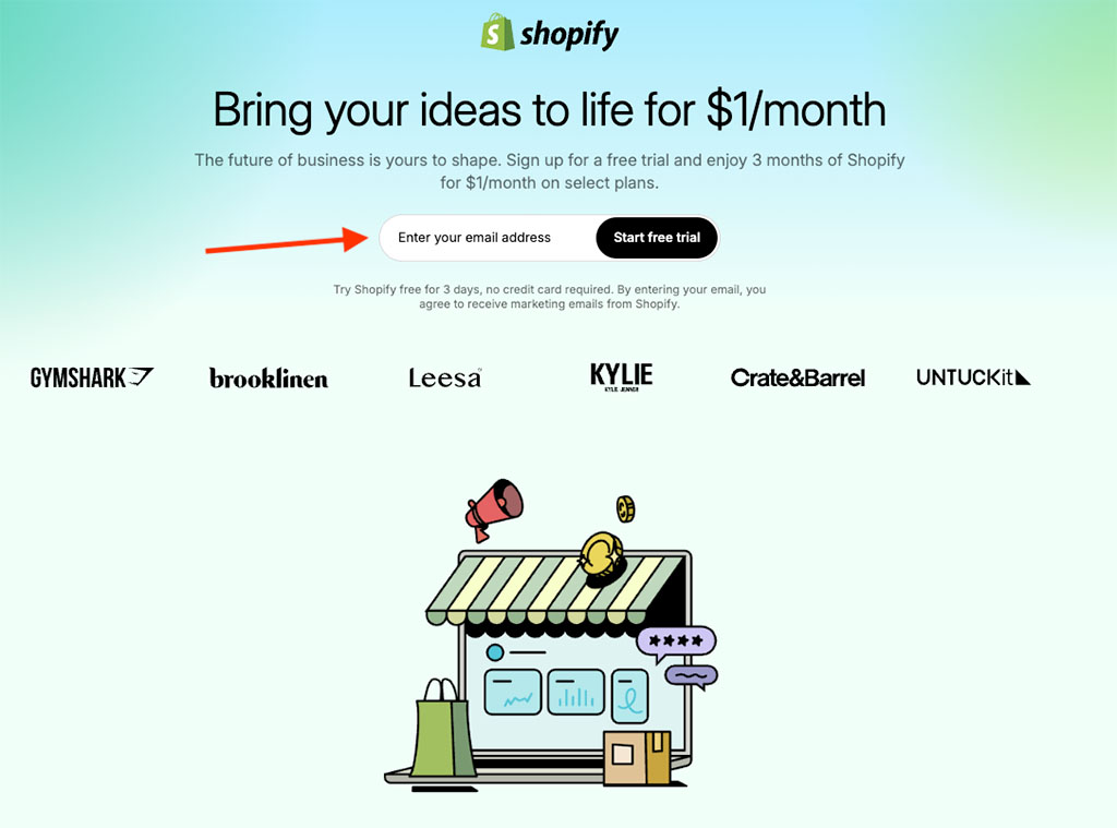 The Shopify free trial landing page
