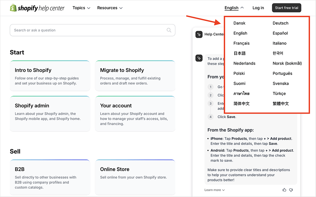 Shopify help center languages