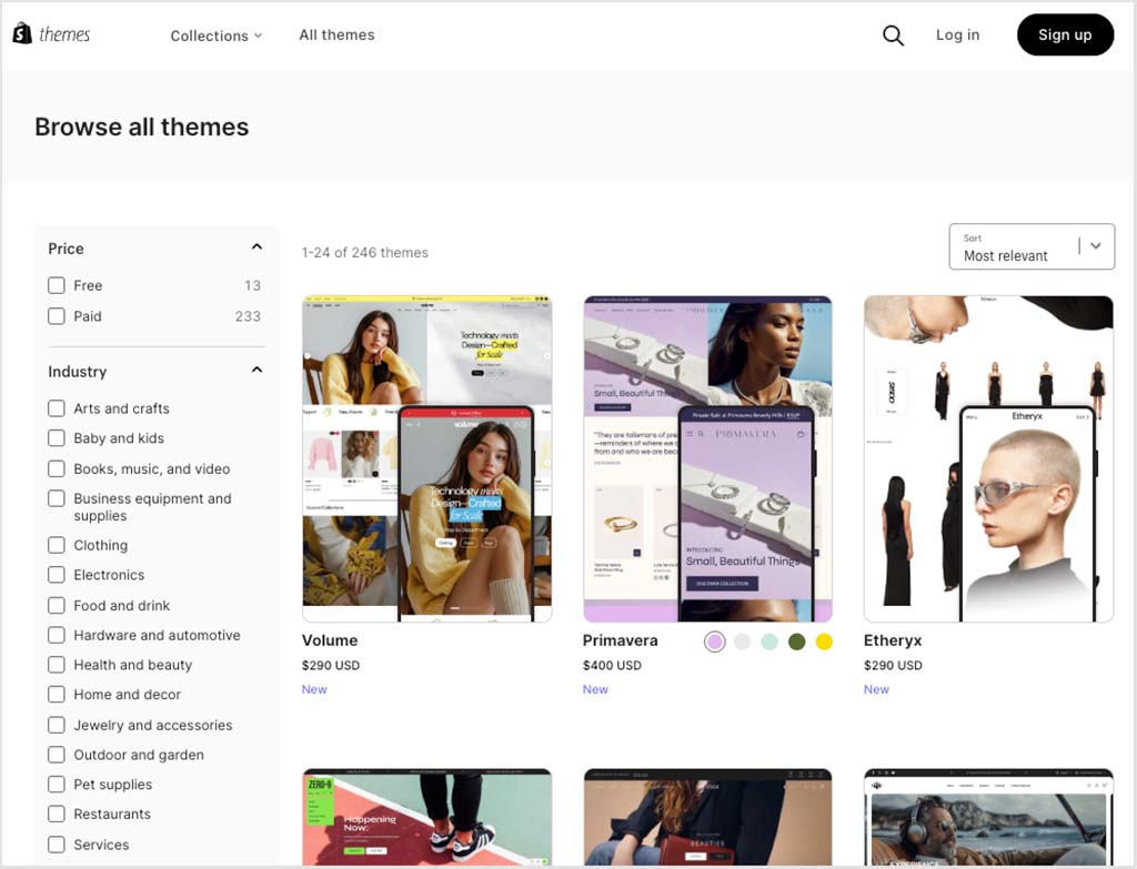The Shopify theme store — at time of writing it features 246 store templates