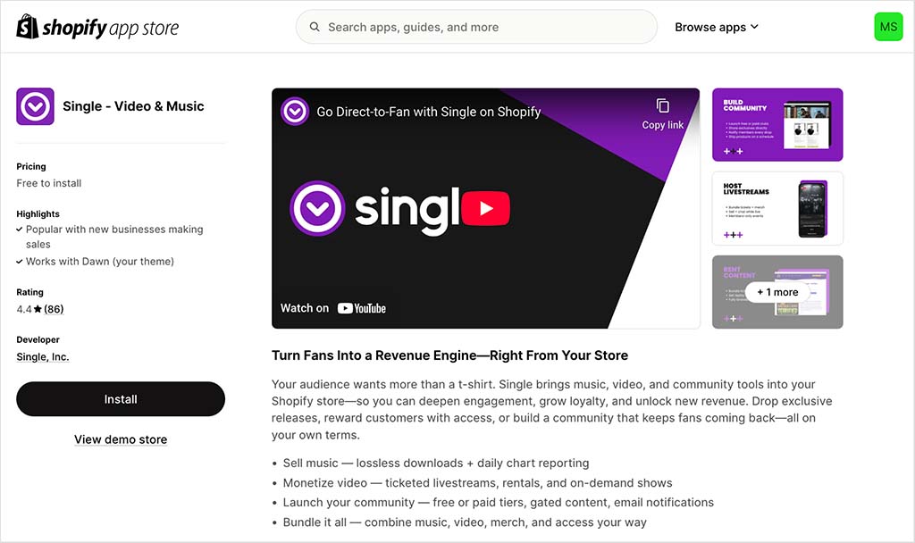 The Single app in the Shopify app store.