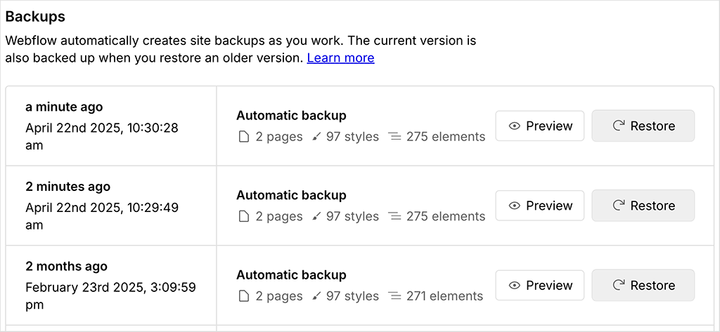 Webflow's automatic backup system