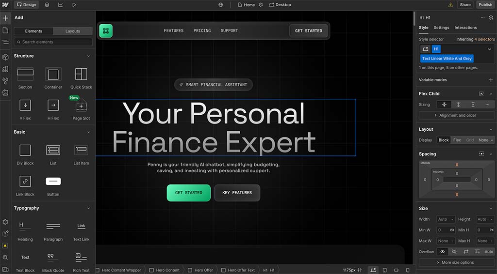 Webflow's 'Designer' interface