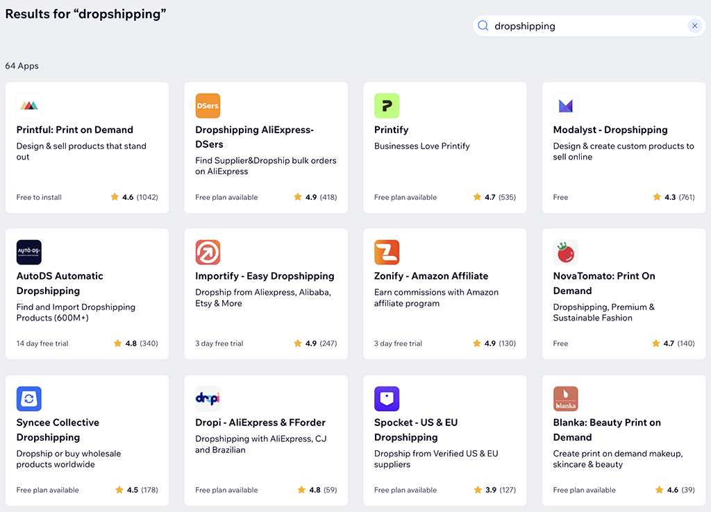 A selection of dropshipping apps available from Wix's App Market.