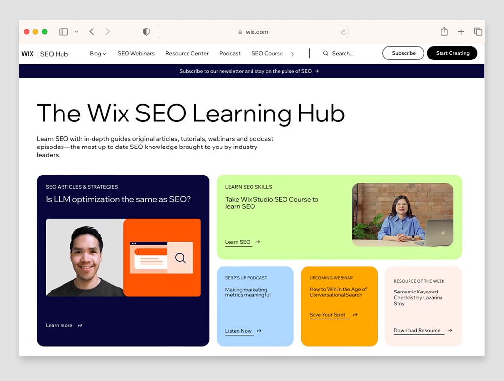 Wix's 'SEO Learning Hub' resource page.