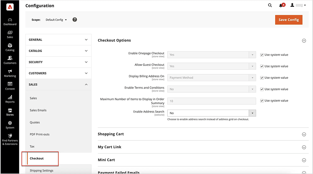 Accessing checkout settings in the Adobe Commerce dashboard