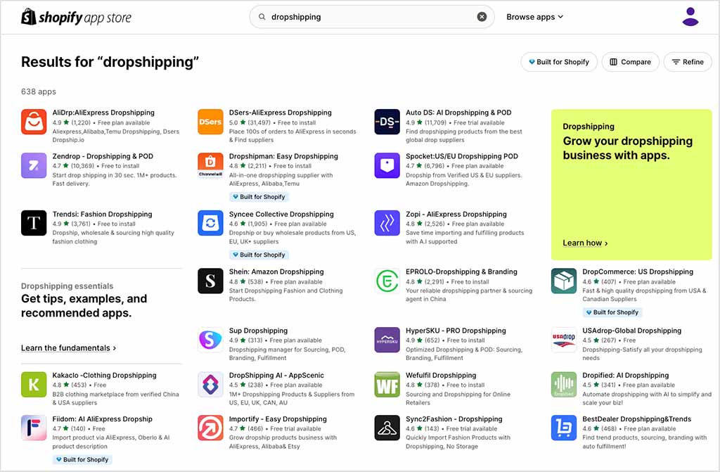 Dropshipping apps in the Shopify app store