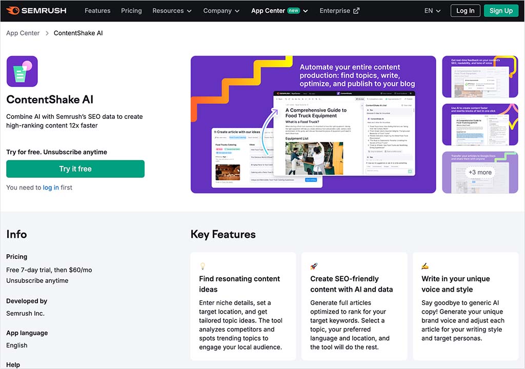 ContentShake AI in the Semrush app center