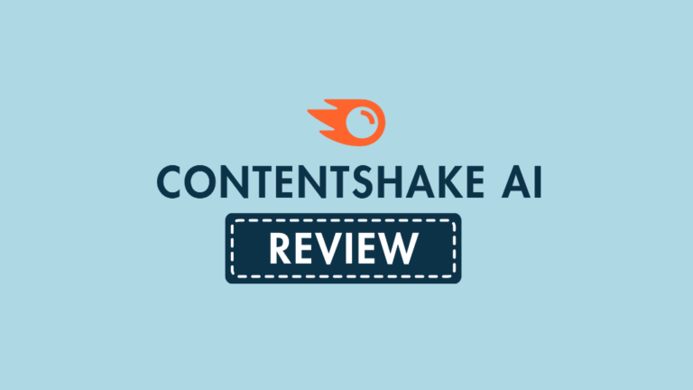 The phrase 'ContentShake AI Review' beneath the Semrush logo — all on a light blue background.