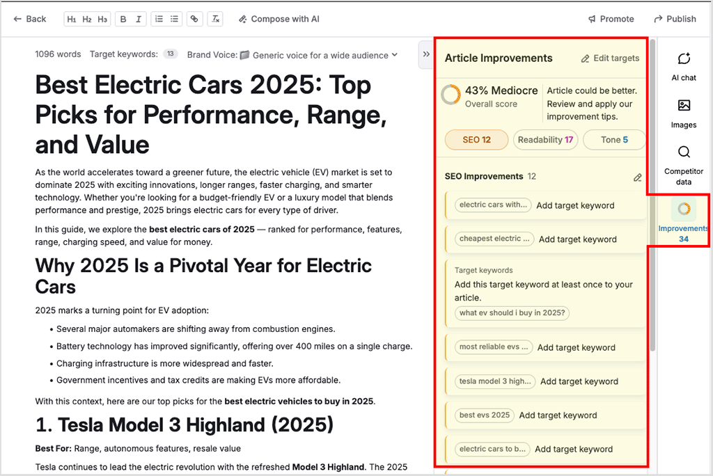 Article improvement suggestions in the ContentShake editor