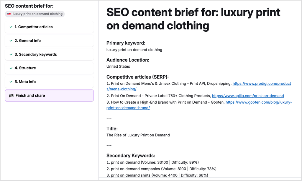 ContentShake AI's 'content brief' feature