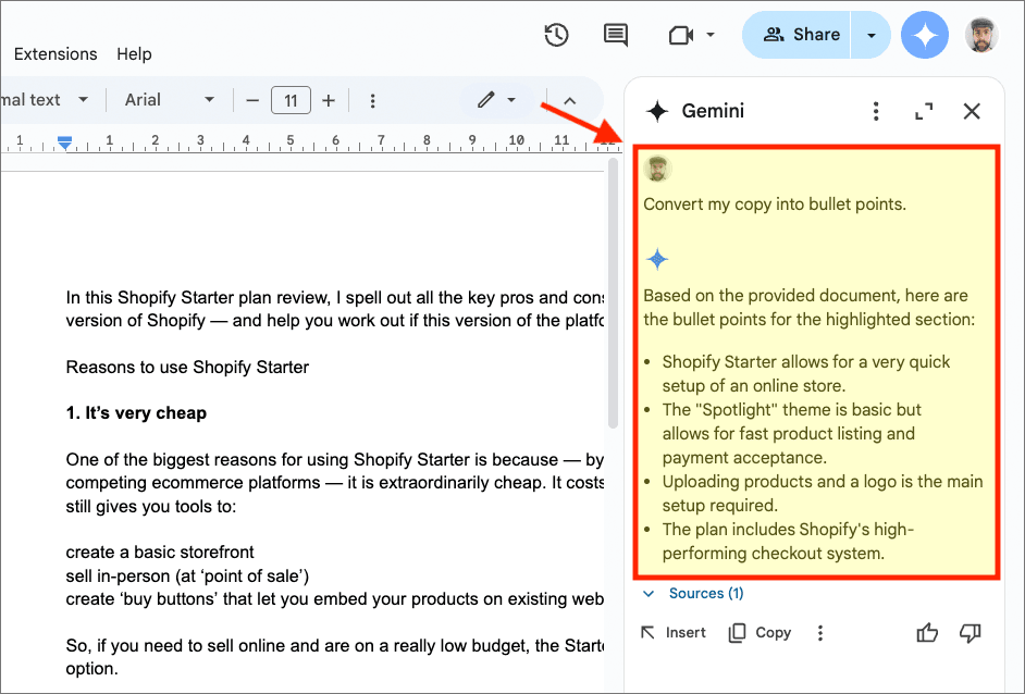 Using the Gemini AI Assistant to summarize a document