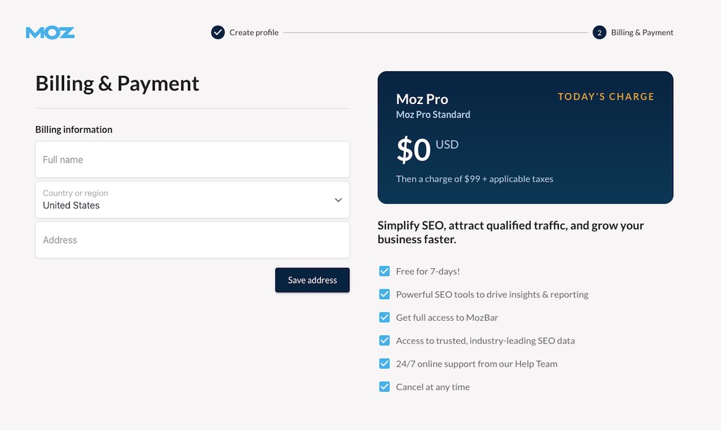 Adding billing details to your Moz account