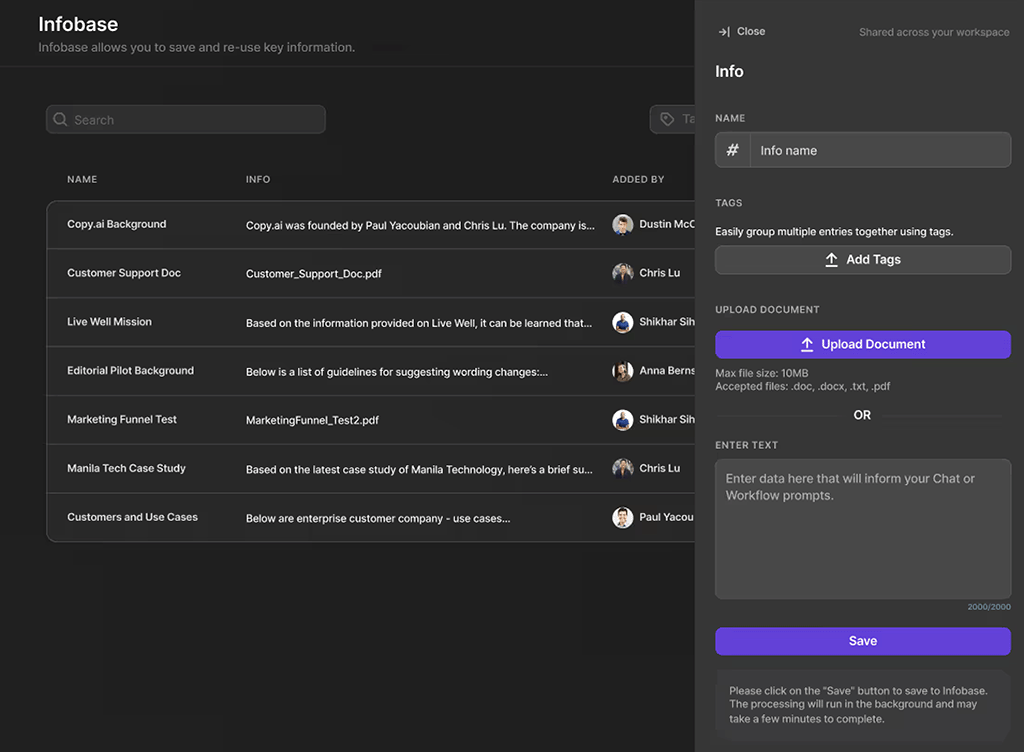 Uploading documents to Copy.ai