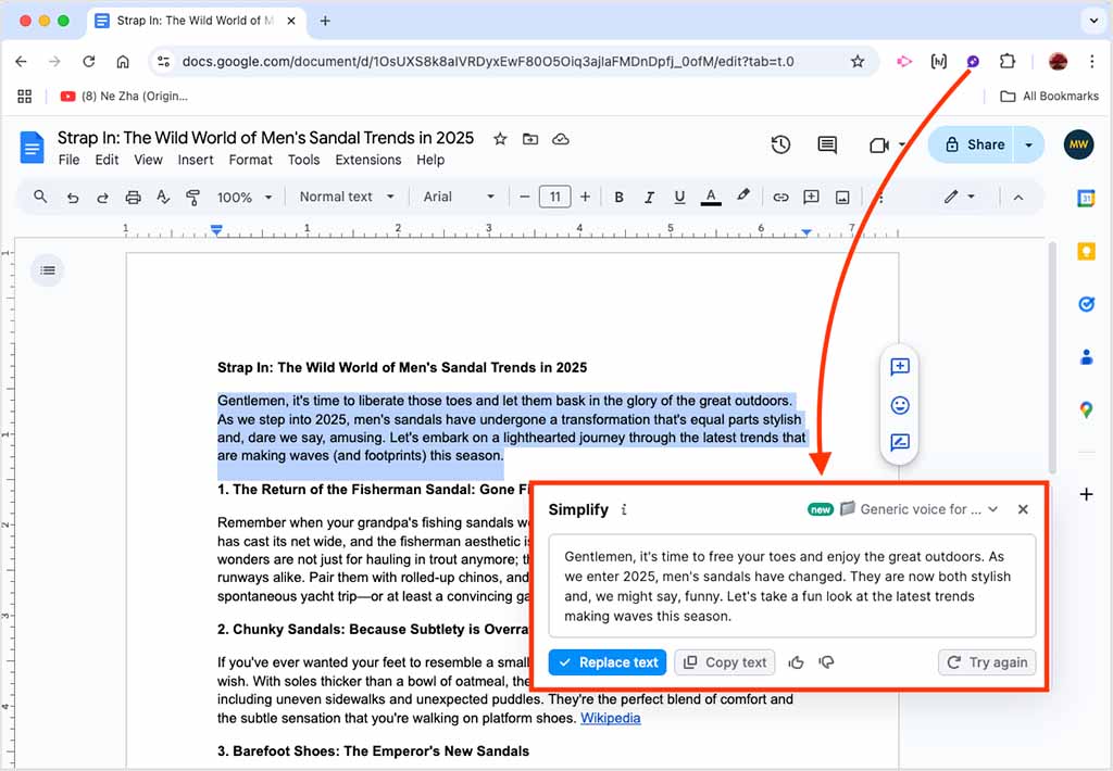 Using the Chrome extension version of ContentShake AI in a Google Doc
