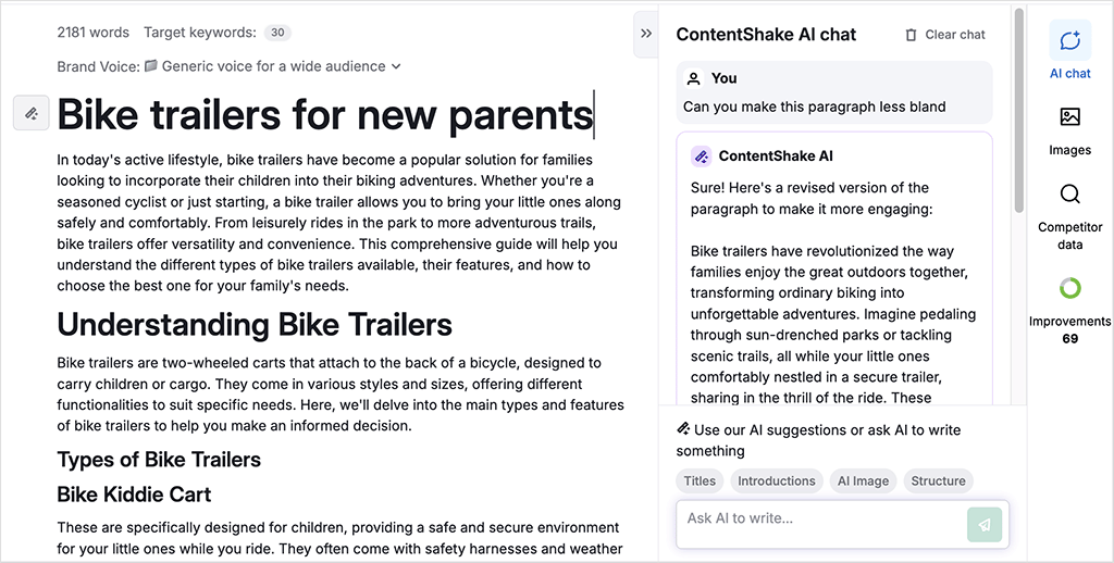 Using ContentShake's AI Chat feature to request modifications to an article