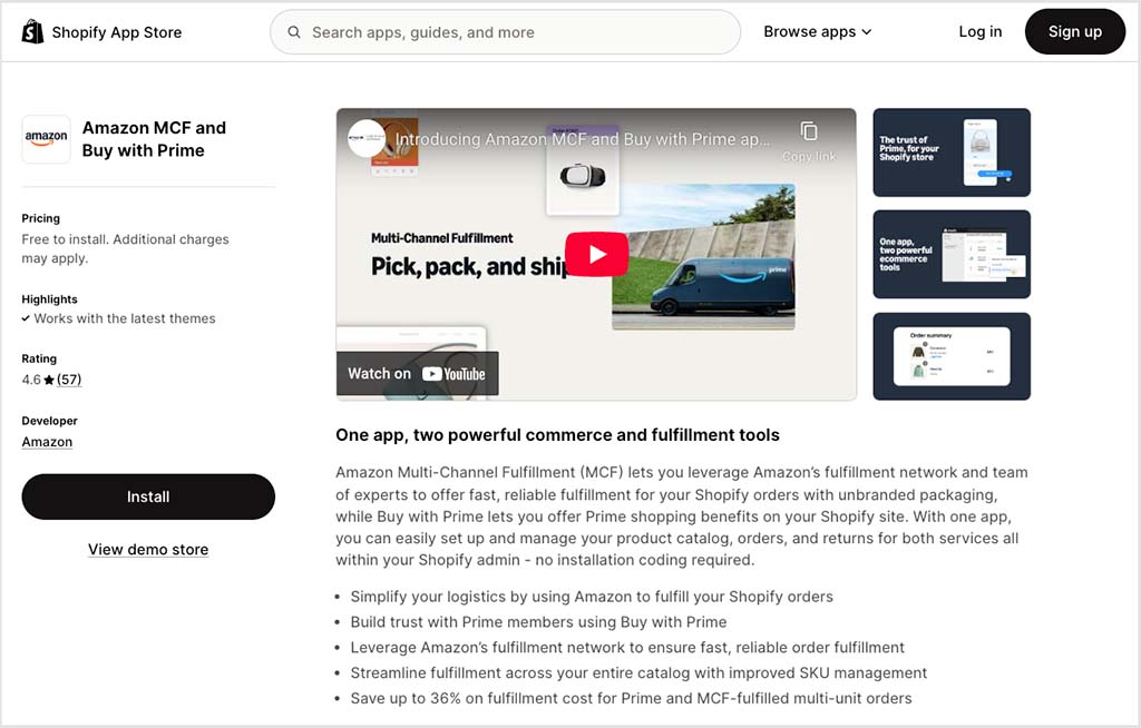 The 'MCF and Buy with Prime' app in the Shopify app store.