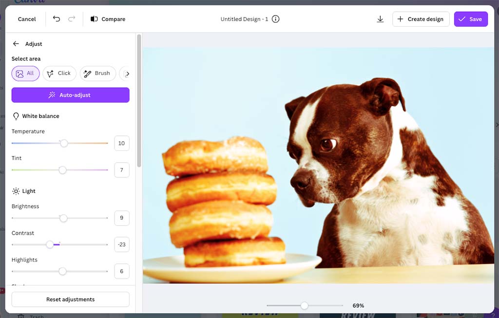 Canva's new modal photo editor tool.
