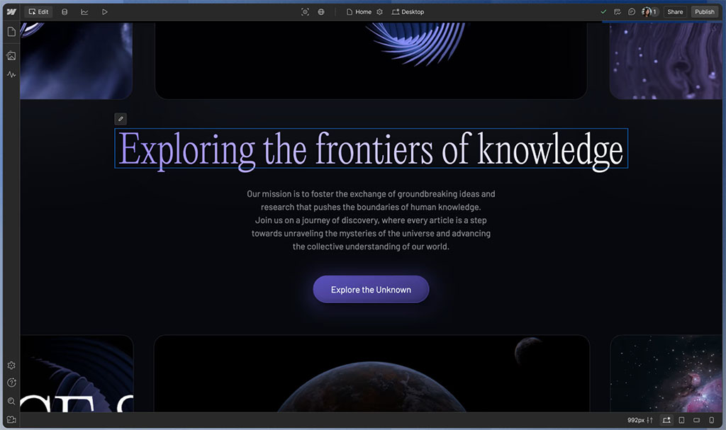 The Webflow website builder places a big emphasis on design visuals.