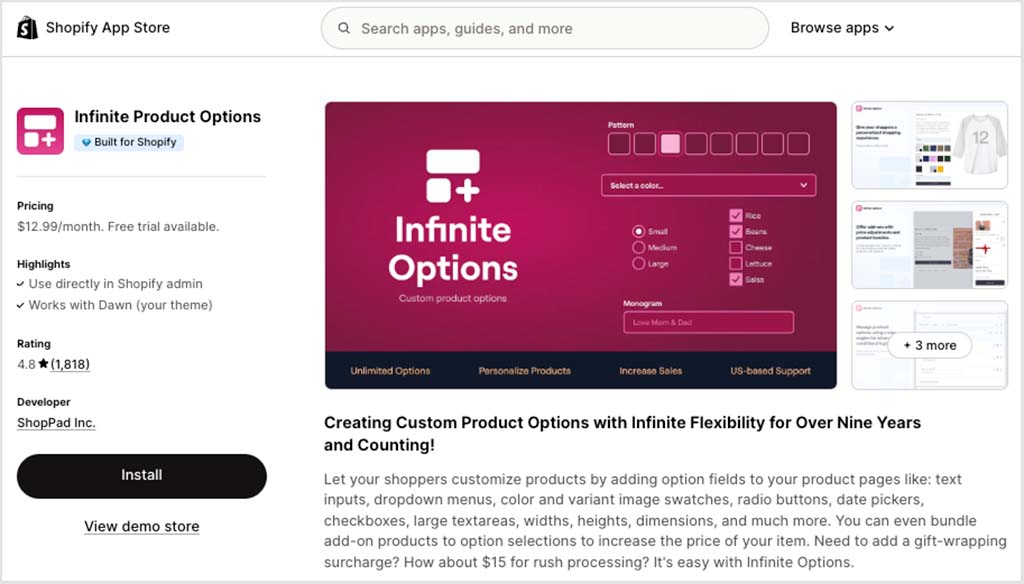 A screenshot of the 'Infinite Options' app