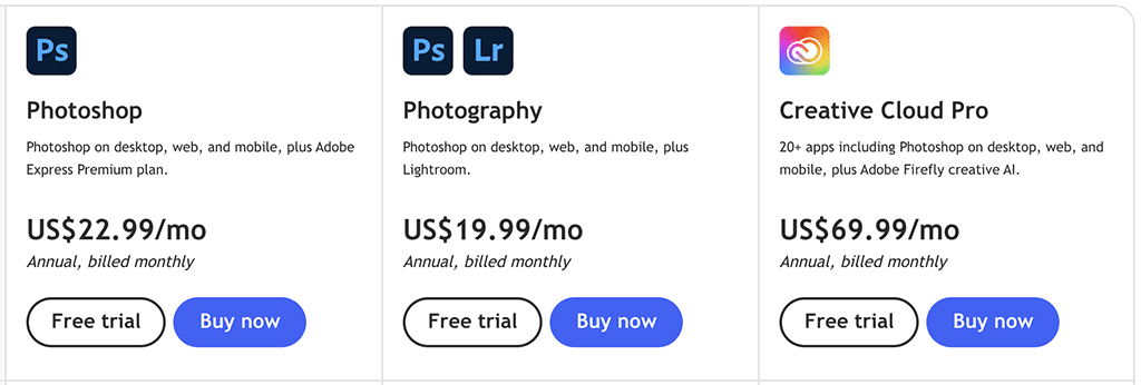 Photoshop pricing plans for individual users