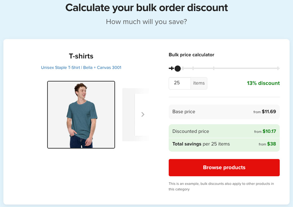 Printful bulk pricing for a Bella + Canva 3001 unisex t-shirt