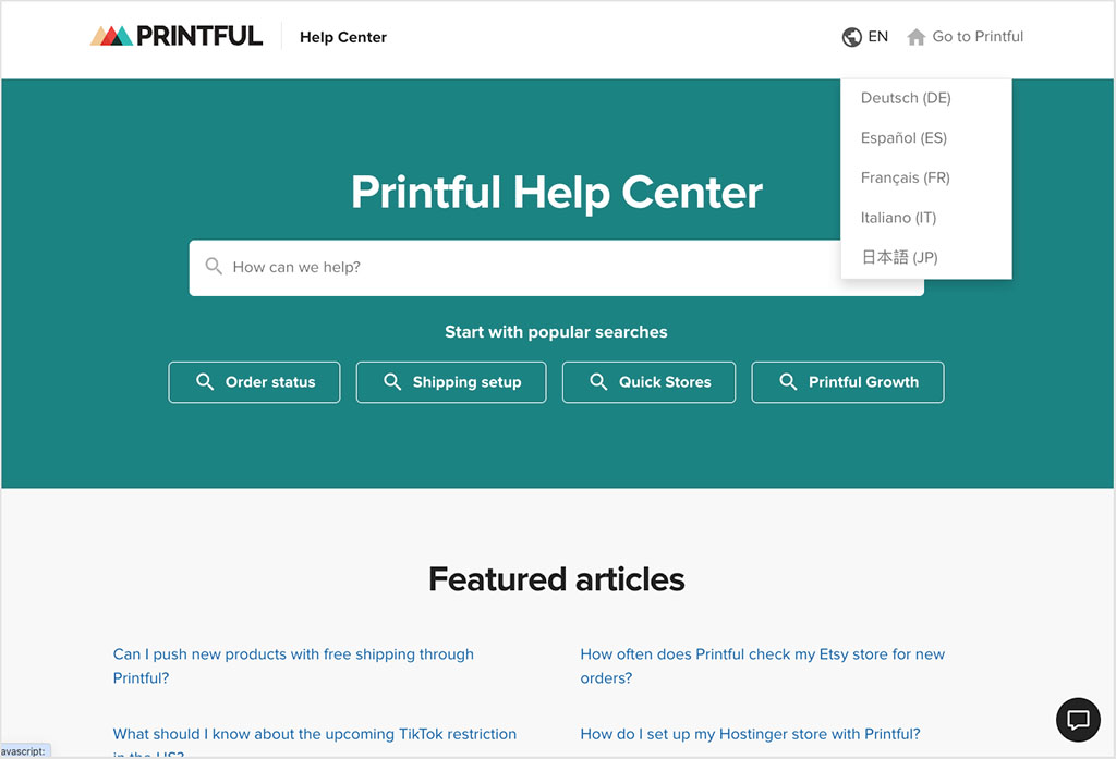 Printful help center featuring a dropdown language selector.