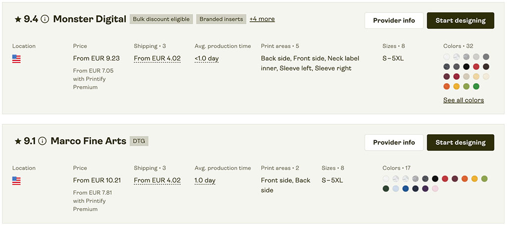 Comparing print provider details in Printify
