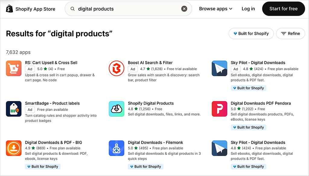 Digital products apps in the Shopify app store.