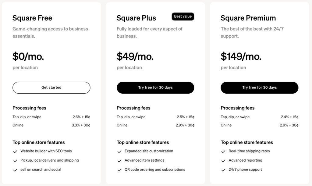 'Square Online' pricing plans.