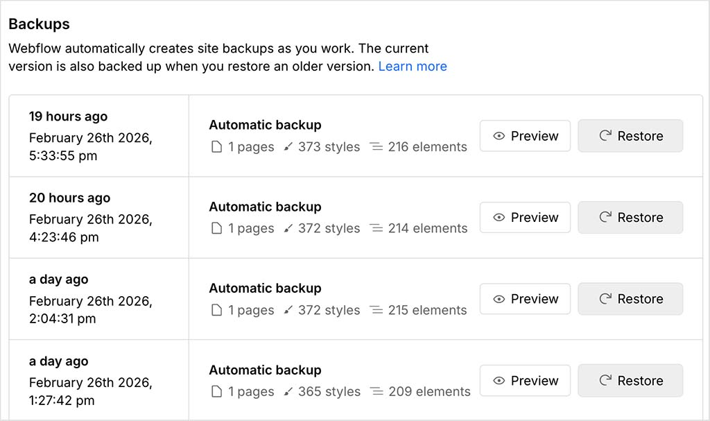 Backups in Webflow