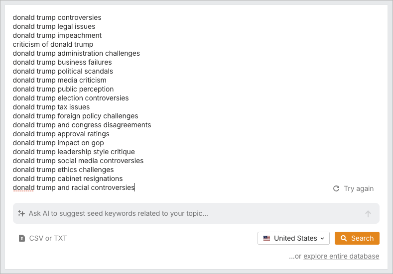 Seed keywords output by the Ahrefs AI