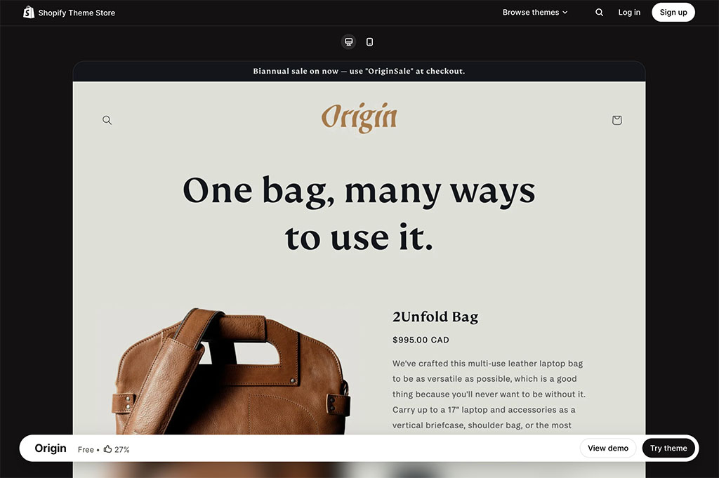 A free Shopify theme, 'Origin'